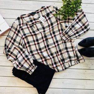 Sanctuary Plaid Smocked Sleeves Pullover Top Beige